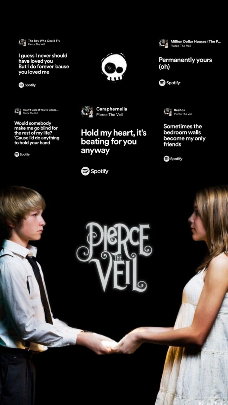 two people standing next to each other in front of a black background with the words pierce and veil on it