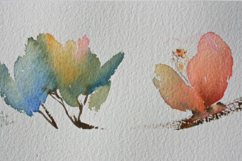 three watercolor paintings of trees on paper