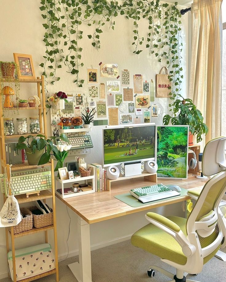 a desk with a computer on top of it next to a plant filled wall behind it