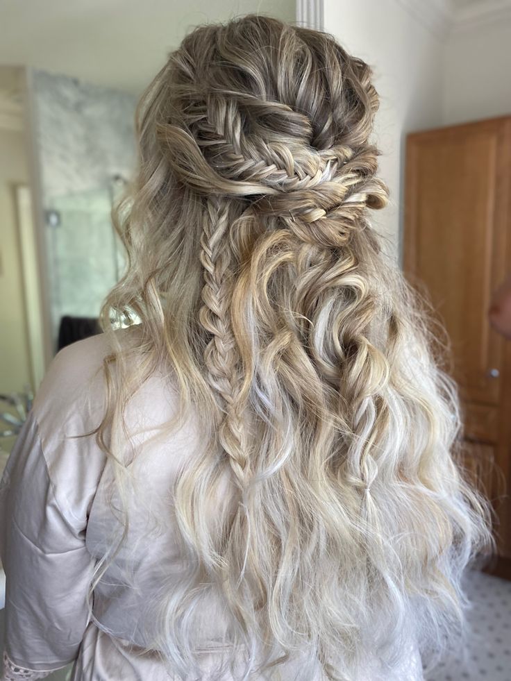 Boho wedding hair bridal hair blonde bridal hair half up half down braids Half Up Half Down Boho Wedding Hair, Boho Half Up Hair Wedding, Braided Half Up Half Down Hair Wedding, Boho Wedding Hair With Veil, Half Up Braided Hairstyles Wedding, Boho Bridal Hair Half Up, Half Up Wedding Hair With Veil, Half Up Half Down Wedding Hair Braid, Boho Half Up Half Down Hairstyles