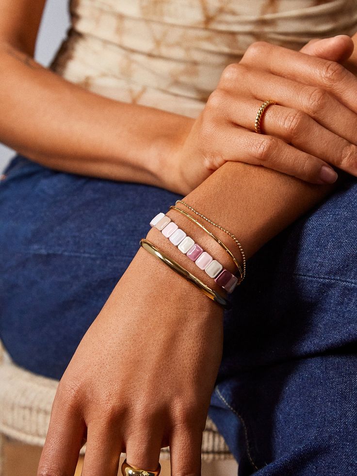 Find the hue that works for you with the Gabrielle Bracelet. Made with smooth, rectangular beads in your choice of rainbow or soft pink, this stretch bracelet brings the fun. Slip on for a style that's colorful and carefree. Trendy Rectangular Beaded Bracelets As Gift, Trendy Rectangular Beaded Bracelets For Gifts, Rectangular Casual Jewelry For Everyday, Spring Beaded Bracelets For Everyday, Casual Rectangular Jewelry For Everyday, Spring Everyday Beaded Bracelets, Casual Rectangular Everyday Jewelry, Trendy Adjustable Stretch Bracelet For Spring, Casual Stackable Stretch Bracelet