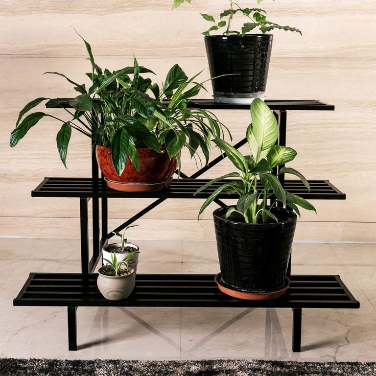 three tiered plant stand with potted plants on each shelf, and one in the middle