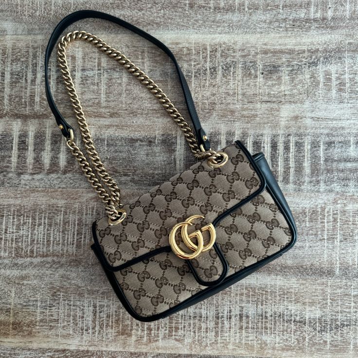 Original Gucci Handbag. Perfect Condition, Used Only Twice. Gg Marmont Small Matelasse Canvas Shoulder Bag In Black. Gucci Handbag, Gg Marmont, Canvas Shoulder Bag, Gucci Handbags, Gucci Bags, Black Tan, Black And Tan, Gucci Bag, Black Color