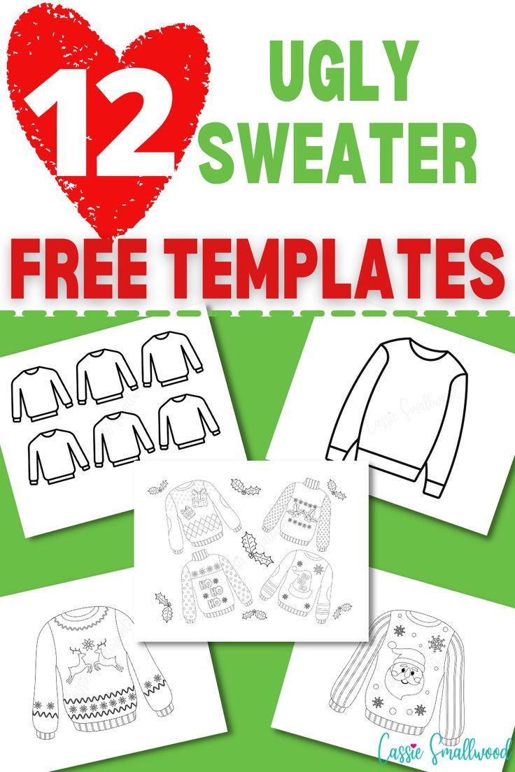 12 ugly sweater templates free printable stencils of ugly Christmas sweaters for craft projects and party decorations Ugly Christmas Sweaters Classroom Door, Ugly Sweater School Project Ideas, Ugly Sweater School Project, Ugly Sweater Door Decorating Contest, Ugly Sweater Project For Kids, Ugly Christmas Sweater Printables Free, Ugly Sweater Svg Free, Ugly Christmas Sweater Template Free, Ugly Christmas Sweater Bulletin Board