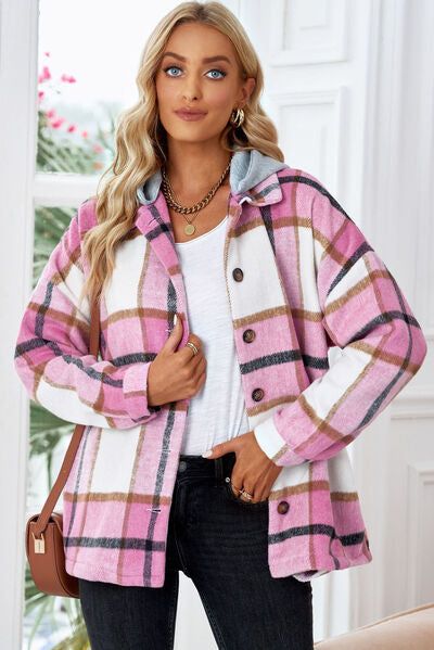 Button Up Plaid Hooded Jacket  Southern Soul Collectives Western Bohemian, Plaid Shacket, Long Sleeve Outerwear, Bohemian Hippie, Plaid Fabric, Long Sleeve Plaid, Plaid Design, Green Plaid, Jacket Buttons