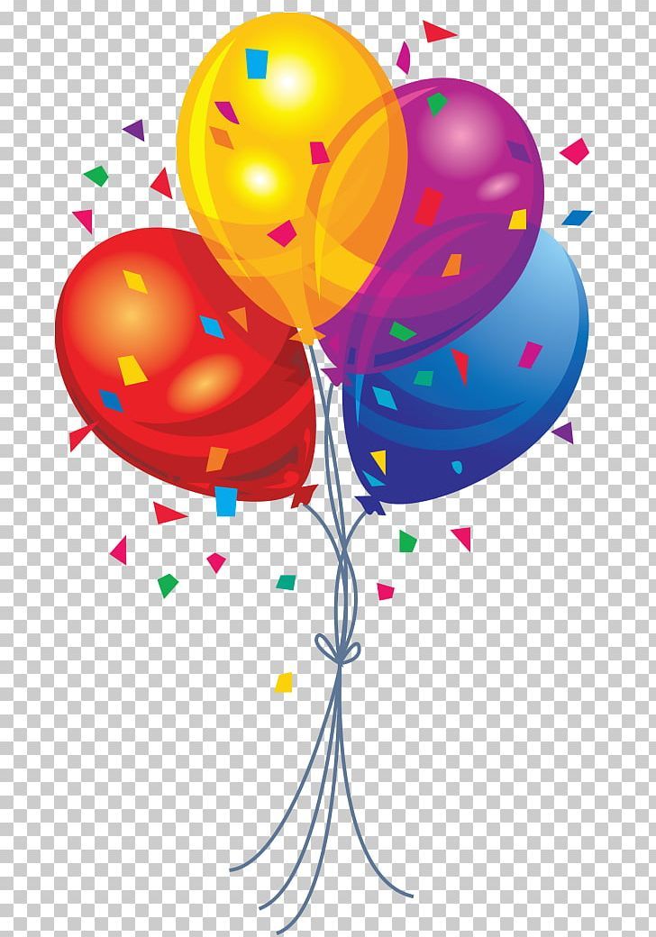 three balloons with confetti and streamers in the air, on a transparent background