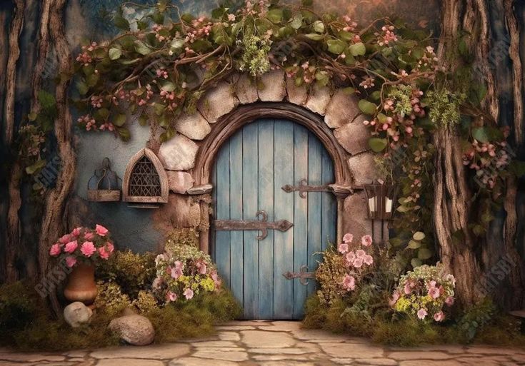 Spring Fairy Cottage Backdrop - Gatsby Backdrop Doorway Photography, Fairy Jungle, Door Photoshoot, Fairy Backdrop, Garden Backdrop, Photoshoot Background, Garden Backdrops, Fairy Cottage, Secret Forest