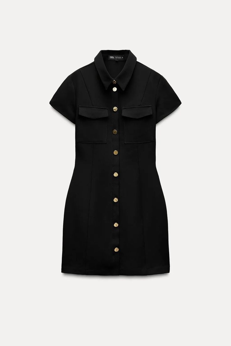 GOLDEN BUTTONS SHORT DRESS - Black | ZARA United States Zipper Leggings, Zara Black Dress, Trench Coat Dress, Waistcoat Dress, Zara Woman Dress, Cardigan Sweater Dress, Shirt Blouses Tops, Short Sleeve Mini Dress, Gold Buttons