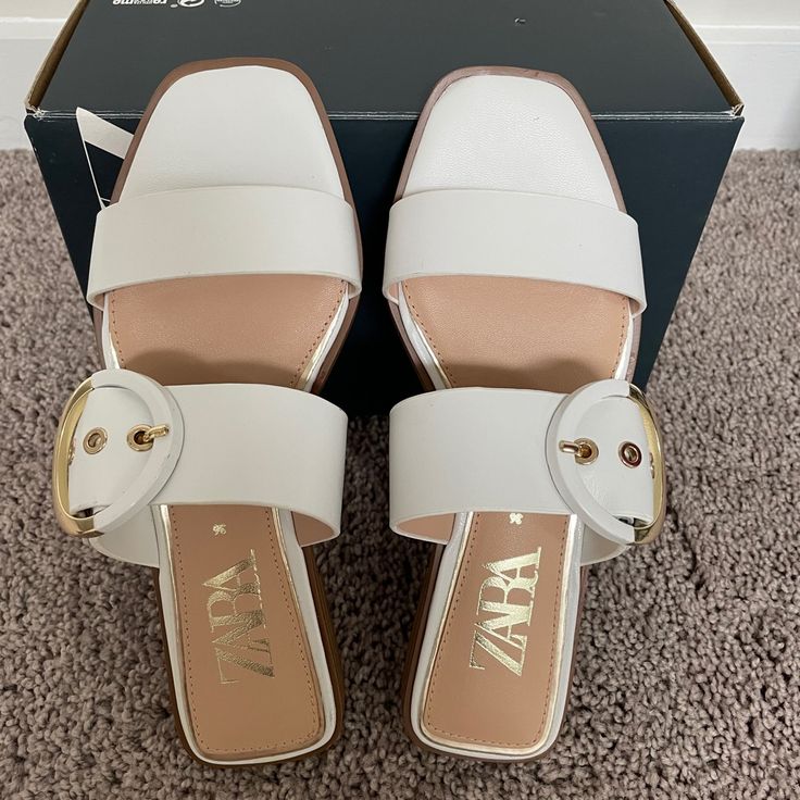 White Leather Sandals. Adjustable Buckle New Never Worn. Size 6 White Slide Sandals, White Slides Sandals, White Slides, White Leather Sandals, Zara Shoes, Shoes White, Slide Sandals, White Leather, Women's Shoes Sandals