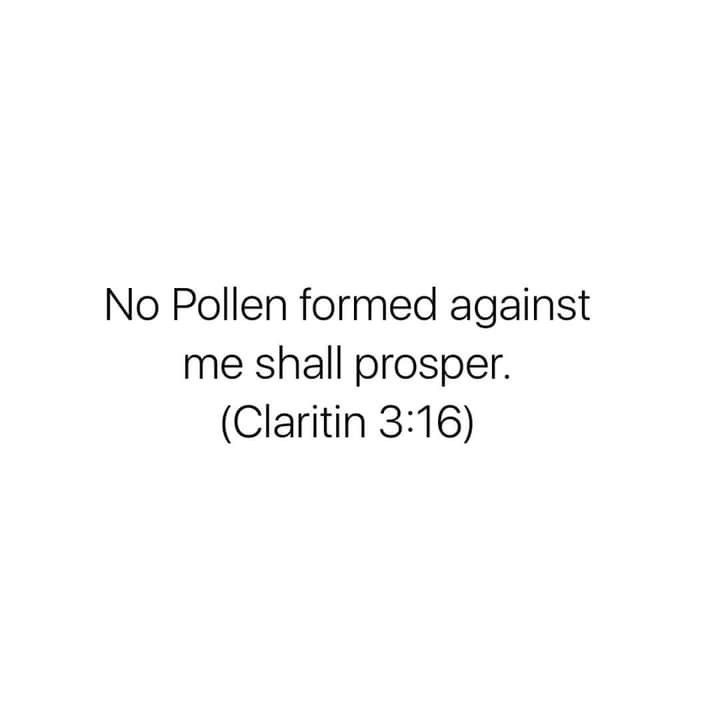 a white background with the words, no pollen formed against me shall prosper clarin 3 16