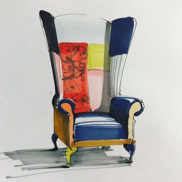 a drawing of a chair with different colored fabrics on the back and armrests