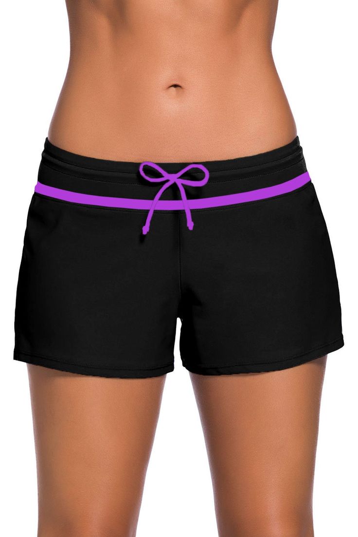 Women Black Purple Trim Relaxed Swim Trunks Shorts Tankini Bottoms Bikini Sport Yoga Board Beach Swimwear Tankini With Shorts, Swim Shorts Women, Sports Crop Tops, Swimsuit With Shorts, Summer Swimwear, Tankini Swim Tops, Swim Tankini, Swimwear Shorts, Tankini Swimsuits