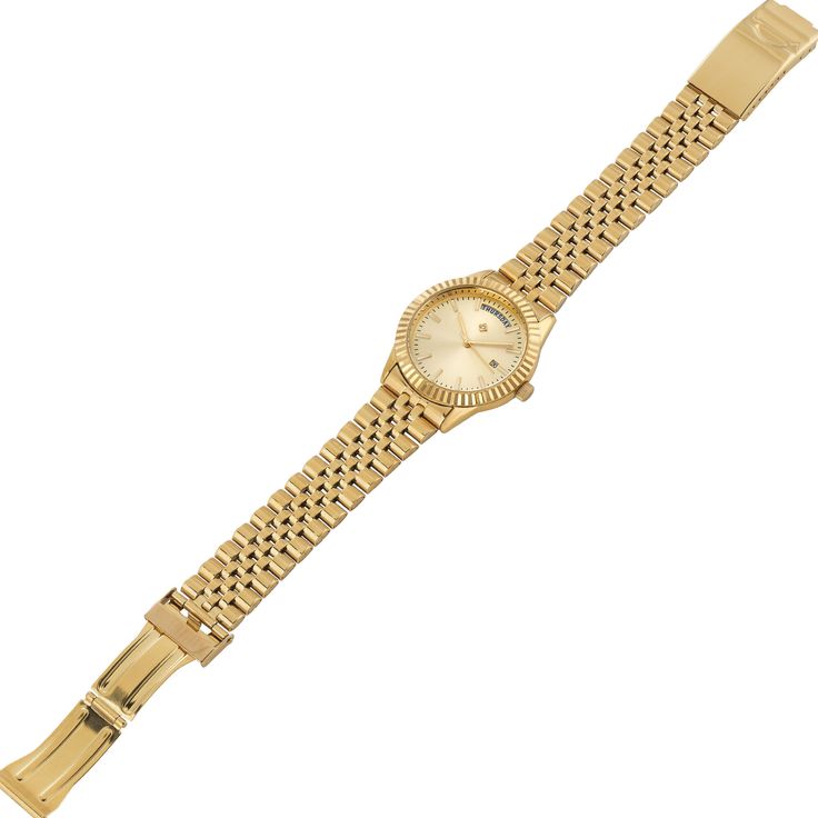 A timeless design for an elegant man… A gold-ion plated stainless steel watch featuring a lustrous all-gold look and a genuine diamond set on the watch dial. The bezel has a fluted design complemented by the jubilee-style band, together creating an alluring look that evokes wealth and success. This watch is personalized with your initials, expertly engraved on the watch caseback. The watch has both day and date functionality. Gold Diamond Business Watch, Gold Diamond Watch For Business, Gold Diamond Watch With Round Dial For Business, Timeless Gold Watches With Date Indicator, Classic Watches With Jubilee Bracelet And Round Dial, Gold Diamond Watch With Subdials For Business, Classic Watches With Jubilee Bracelet, Classic Gold Watch With Date Indicator, Classic Gold Watch Accessories With Polished Finish