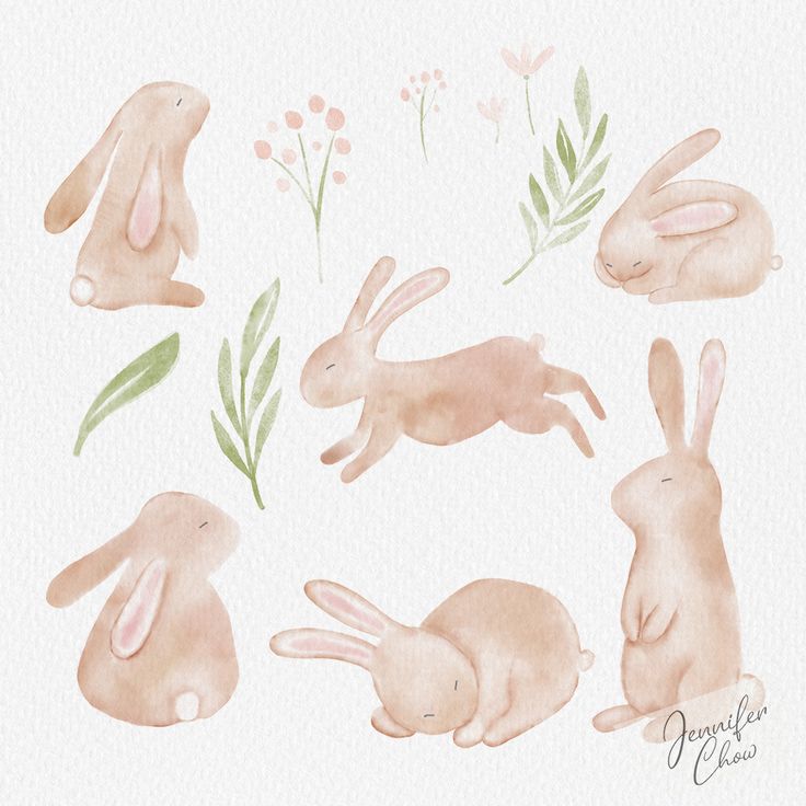 watercolor painting of rabbits and flowers