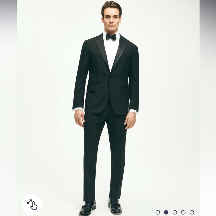 This Tuxedo Was Crafted From Italian-Woven Wool. Our Average Fit Across Chest, Body And Sleeves. (Formerly Known As Regent Fit) 1-Button Closure; Center Vent; Satin Notched Lapel; Satin Covered Buttons; Fully Lined Flat-Front Trousers With Satin Stripe At Seam 100% Wool Dry Clean Made In Italy Classic Fitted Suits For Gala, Classic Tailored Suits For Gala, Elegant Black Suits For Galas, Black Silk Tuxedo For Weddings, Black Silk Wedding Suit, Wedding Guest Outfit Inspiration, Black Tuxedo Jacket, Black Tie Formal, Wedding Tuxedo