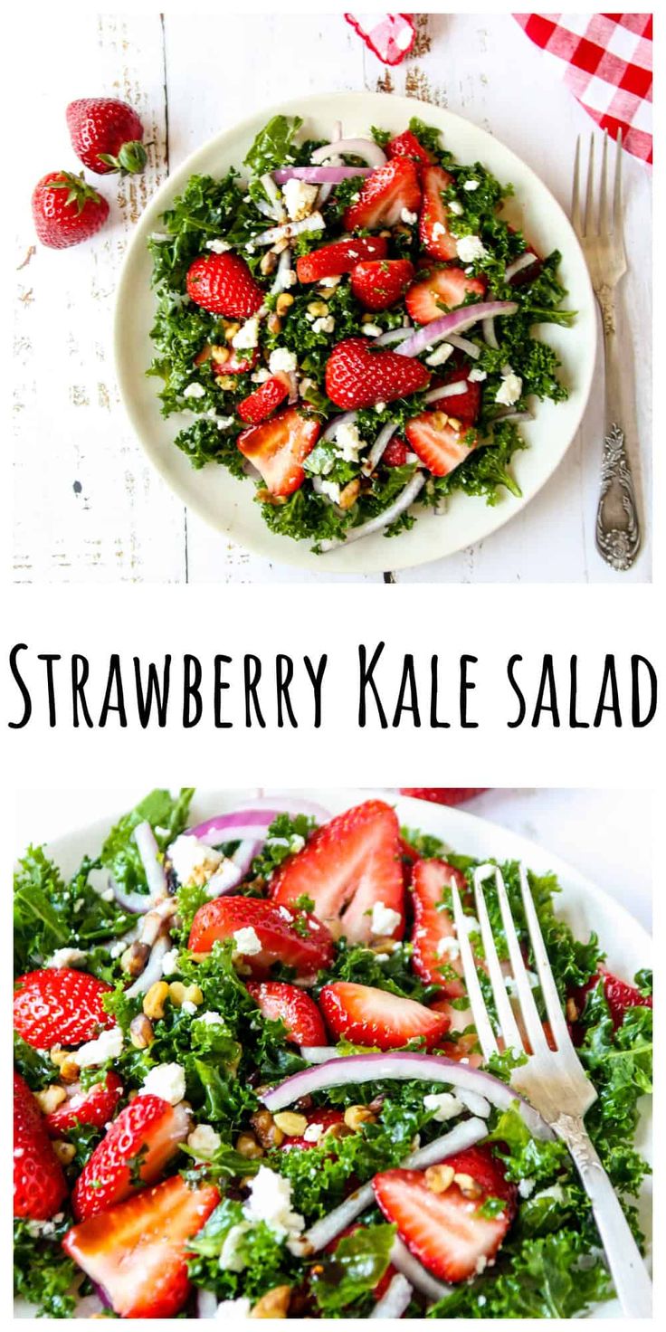 strawberry kale salad with feta cheese, onions and strawberries in it on a white plate