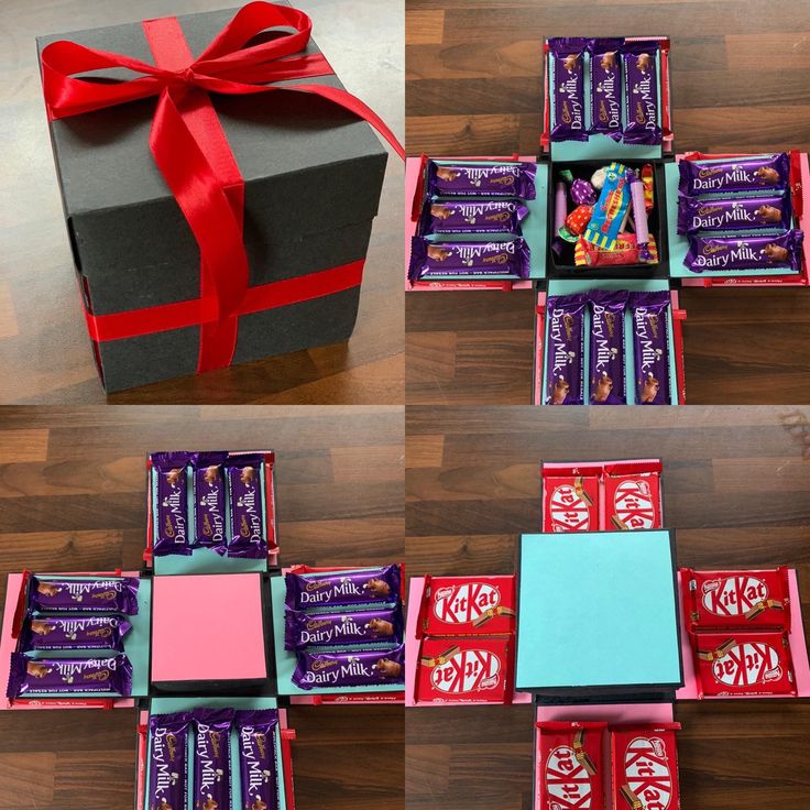 four different boxes with candy wrapped in red ribbon