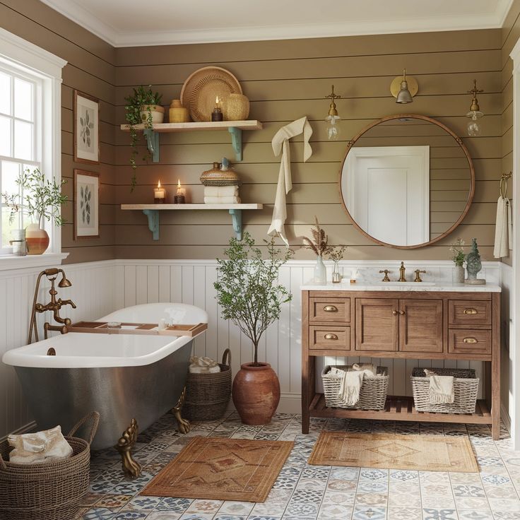 a bath room with a tub a sink and a mirror on the wall next to a potted plant