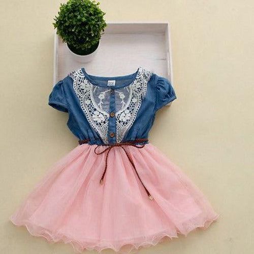 Denim Tulle Lace Dress Summer Short Sleeve Tulle Tutu Dress, Cute Tulle Dress For Spring, Spring Short Sleeve Tutu Dress With Tulle Skirt, Spring Short Sleeve Tutu Dress For Dress-up, Spring Dress-up Short Sleeve Tutu Dress, Spring Tulle Tutu Dress, Cute Spring Tulle Skirt Dress, Summer Princess Tutu Dress With Short Sleeves, Cute Short Sleeve Tulle Tutu Dress