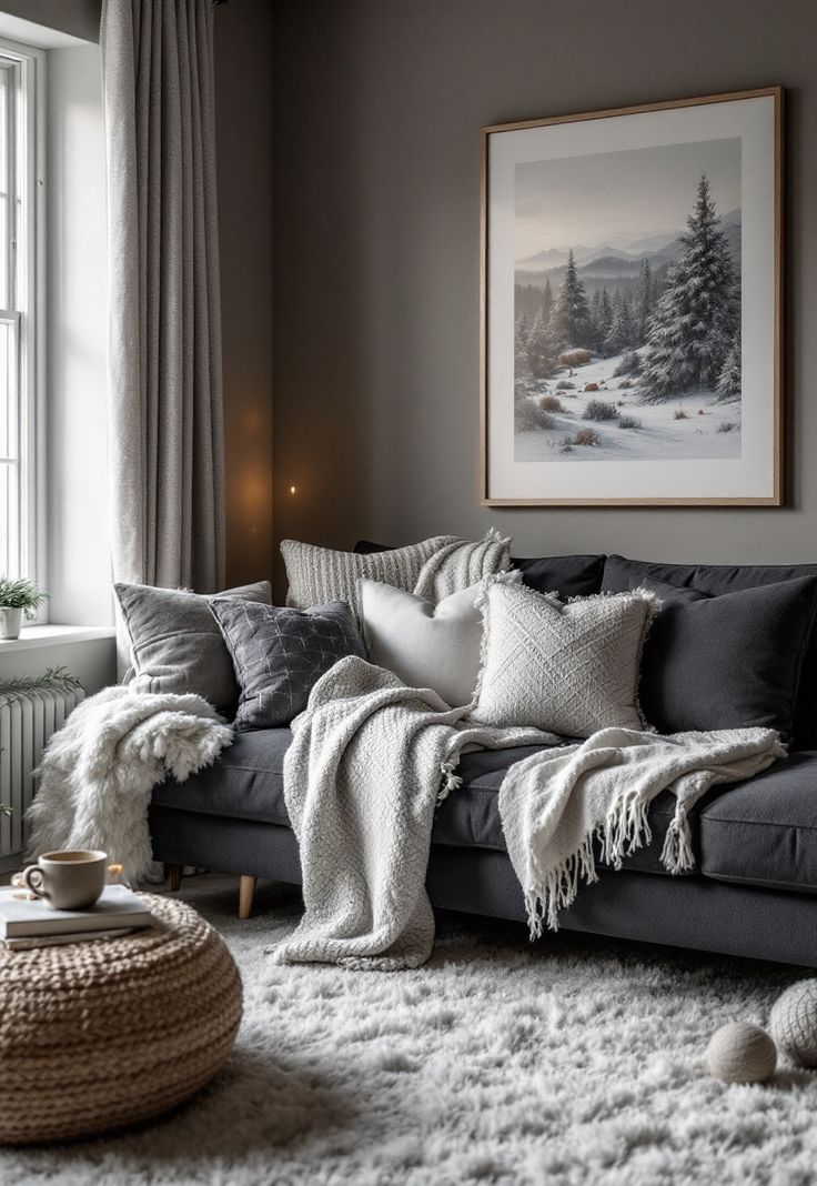 Dark Grey Couch Living Room Ideas Living Room Decor With Gray Sofa, Pillows For Grey Couch Sectional, Grey Aesthetic Home Decor, Dark Grey Couch White Pillows, Modern Living Room Grey Sectional, Styling A Grey Sectional, Dark Grey Living Room Couch, Dark Gray Walls Living Room Decor, Grey Floor Grey Couch