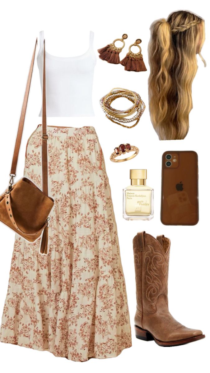 Floral maxi skirt, brown western cowboy boots, fringe tassel earrings Boots And Maxi Skirt, Cowboy Boot Outfits, Outfit For Church, Texas Fashion, Cowgirl Style Outfits, Outfit Polyvore, Boho Country, Western Style Outfits, Boho Style Outfits