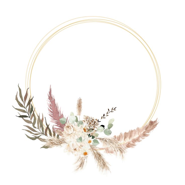 a circular frame with flowers and feathers