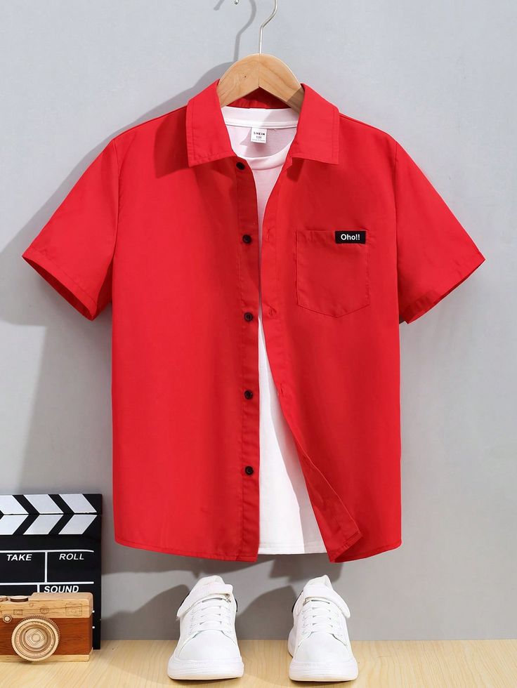 Red  Collar Short Sleeve Woven Fabric   Embellished Non-Stretch  Tween Boys Clothing Red Collared Shirt For Summer, Casual Red Camp Shirt For Spring, Casual Collared Shirt With Buttons, Red Tops With Buttons And Casual Collar, Casual Red Short Sleeve Shirt For Spring, Red Cotton Tops With Casual Collar, Casual Red Button-up Top, Red Shirt With Button Closure And Casual Collar, Red Cotton Button-up Short Sleeve Shirt