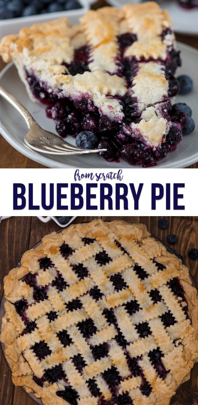 blueberry pie on a white plate with text overlay