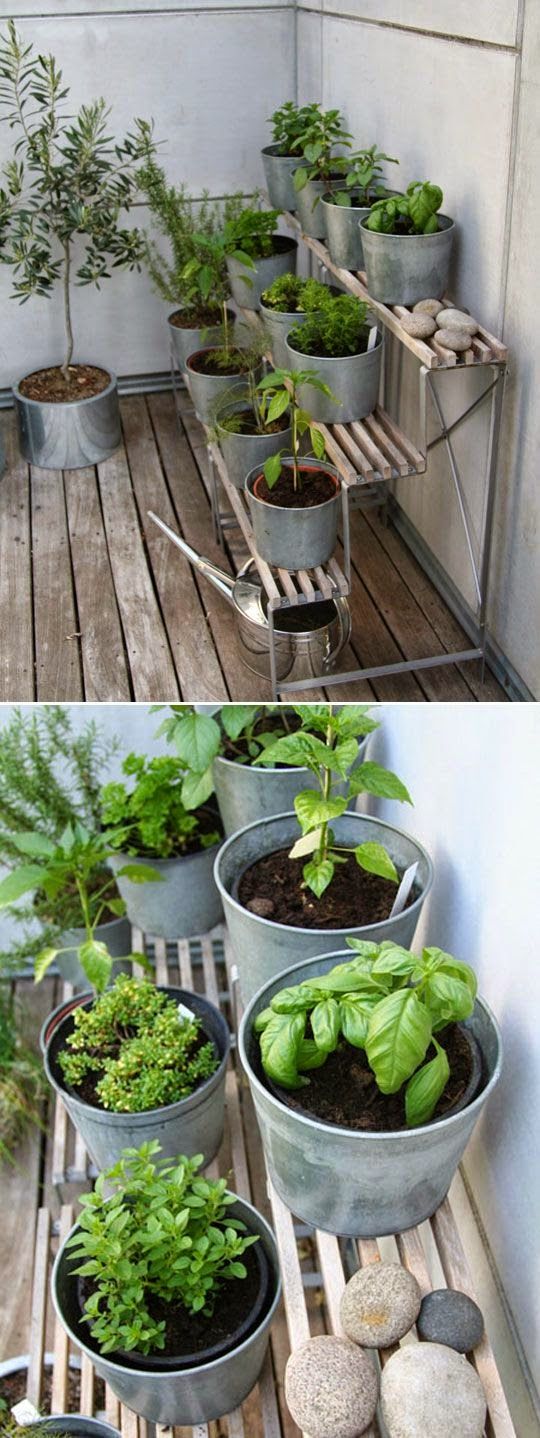 there are many potted plants on the wooden floor in this small balcony garden area