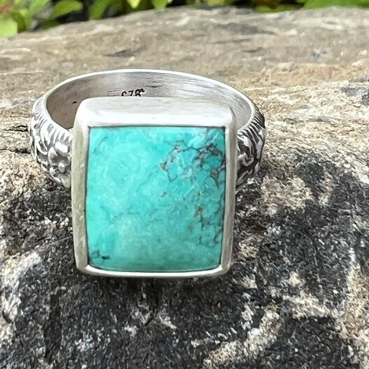 Rectangular Turquoise Ring with Floral Band Size 7 US – Sangria Silver Designs Unique Rectangular Turquoise Ring, Handmade Turquoise Rectangular Rings, Rectangular Turquoise Gemstone Ring, Turquoise Rings, Stone Work, American Jewelry, Jewelry Inspo, Native American Jewelry, Sangria