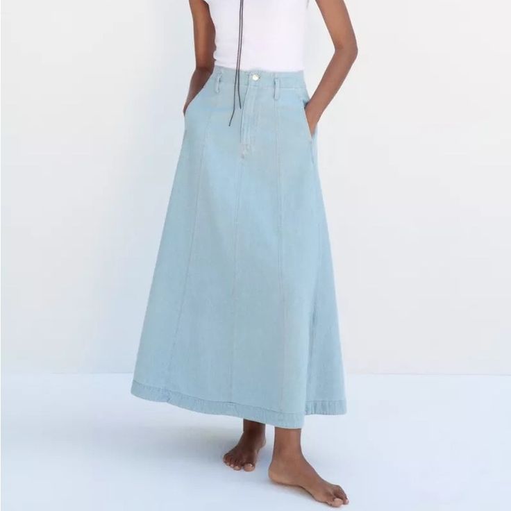 Midi Denim Skirt.Size Small It Has A Stain On The Back Blue Straight Leg Skirt For Spring, High-rise Denim Blue Skirt For Spring, High Rise Denim Blue Denim Skirt For Spring, High Rise Denim Blue Skirt For Spring, Chic Light Wash Denim Skirt, Wide Leg Denim Skirt In Blue, High Waist Light Blue Denim Skirt, Chic Light Wash Denim Skirt With Pockets, Light Wash Denim Long Skirt