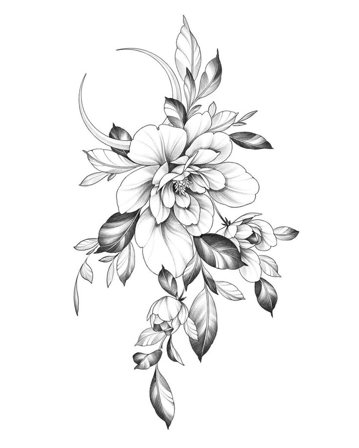 a black and white drawing of flowers with leaves on the bottom half of their petals