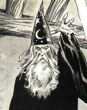 an old man with a long beard wearing a wizard's hat and holding his hand out