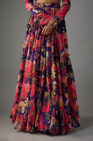 Multi color lehenga with all over bloom carnival print, hand embroidered details and ruffled tiers detailing. Paired with a matching print full sleeves V neck blouse and a sequin lace border embellished dupatta. - Aza Fashions Designer Multicolor Digital Print Choli, Designer Bohemian Sharara With Kalamkari Print, Designer Floral Print Multicolor Choli, Designer Multicolor Floral Print Choli, Bohemian Multicolor Floral Print Sharara, Bohemian Lehenga With Digital Print, Multicolor Floral Print Anarkali Set For Diwali, Multicolor Floral Anarkali Set For Diwali, Bohemian Floral Print Sharara For Diwali