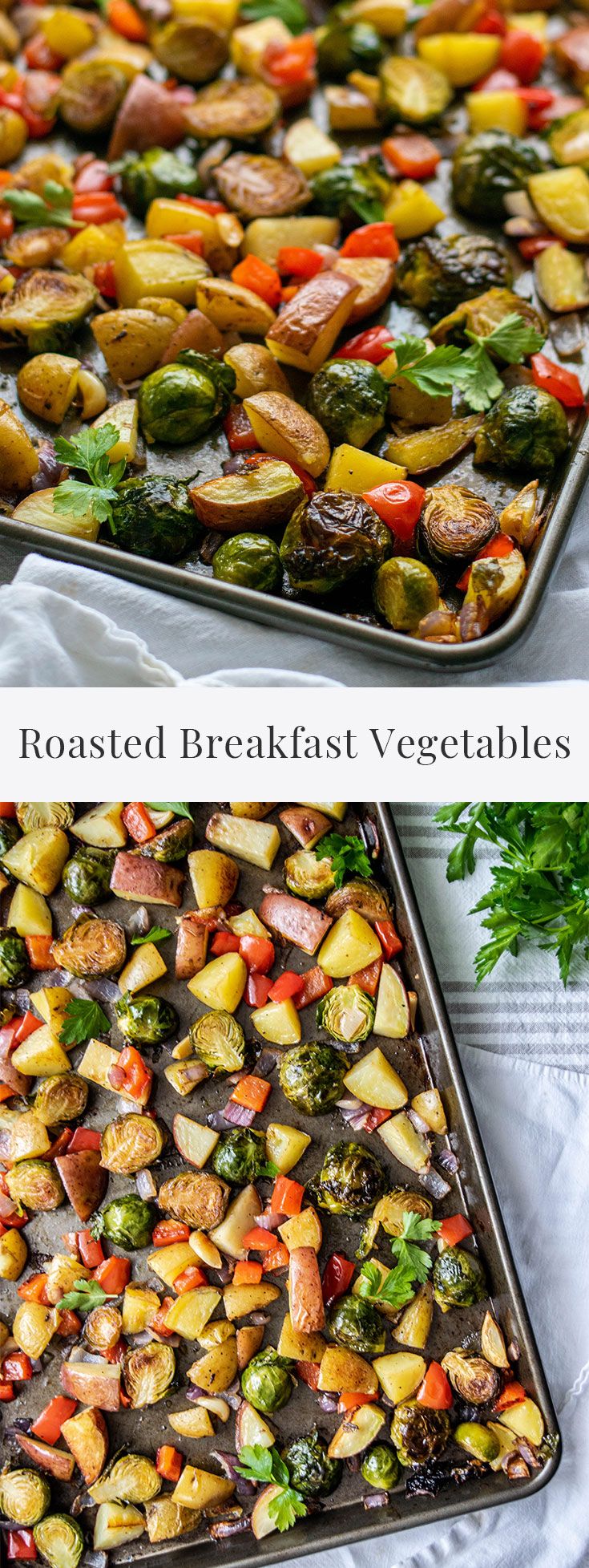 two pans filled with roasted vegetables on top of a table