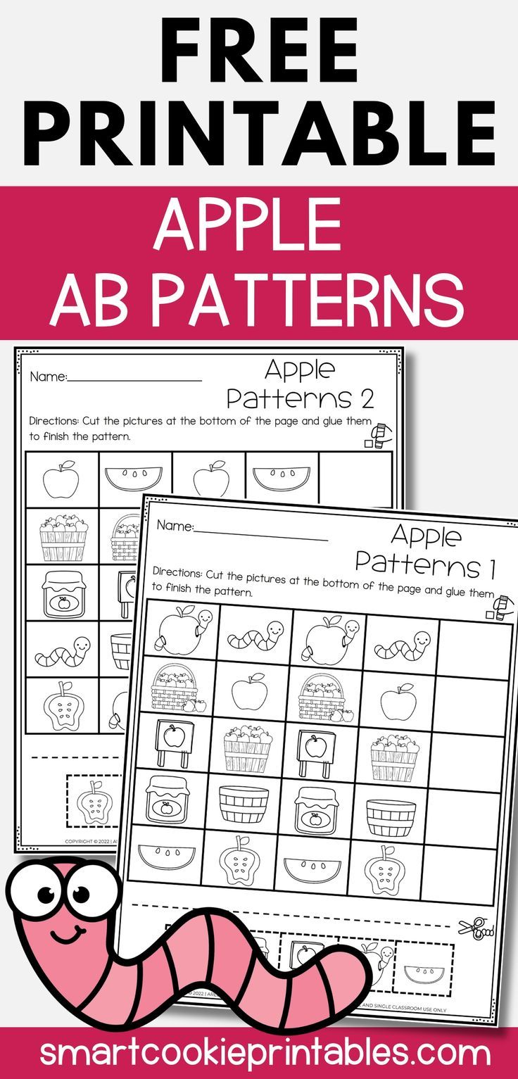 Image shows the 2 sheets of 'ABAB Apple Patterns' worksheets. (Free Printable) Apple Math Worksheets, Ab Pattern Worksheet, Patterns Math, Pattern Worksheets For Kindergarten, Preschool Curriculum Free, Patterning Kindergarten, Free Kindergarten Printables, Kindergarten Math Free, Fun Math Worksheets