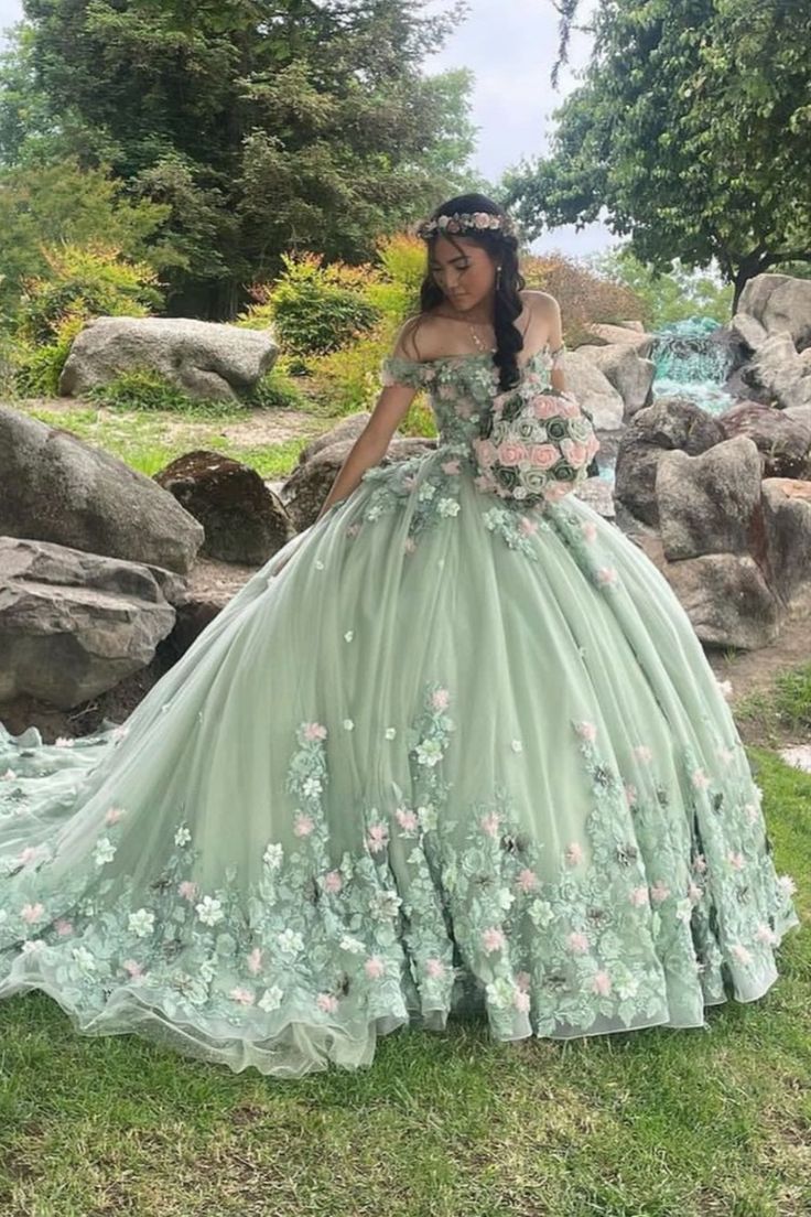 sage quinceanera dress Green Ball Gown Dress, Sage Quinceanera, Sage Green Ball Gown, Charro Quince, Green Quinceanera Dresses, Green Ball Gown, Green Quince, Quinceanera Themes Dresses, Quinceñera Dresses