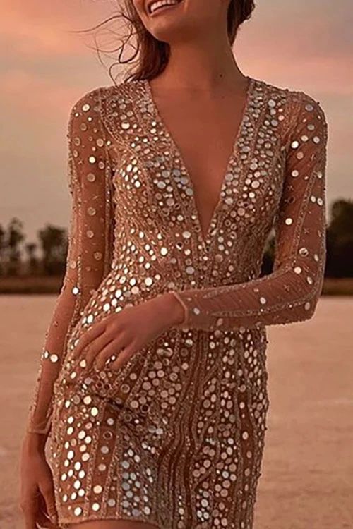 Deep V Neck Sequin Party Queen Dress Long Sleeve Homecoming Dress, Long Sleeve Sequin Dress, Pencil Skirt Dress, Mini Robes, Long Sleeve Sequin, City Dress, Mini Dresses For Women, Fashion Color, Slim Dresses