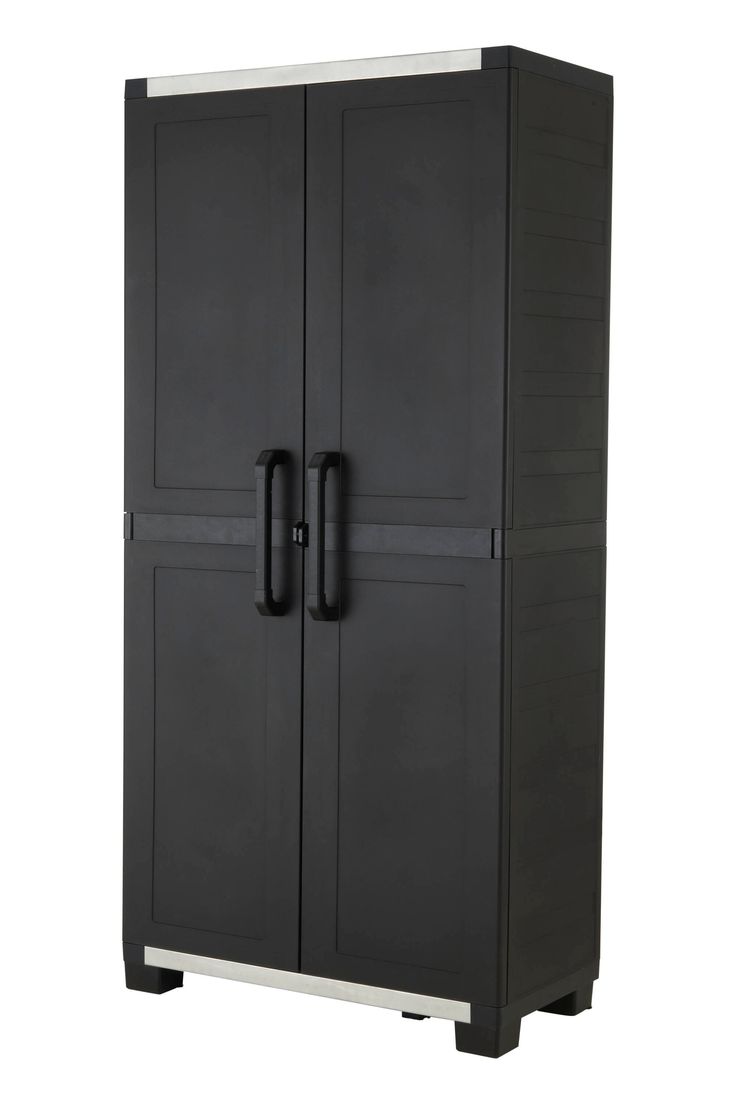 a black cabinet with two doors and handles