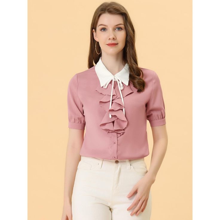 A lightweight polyester shirt with a partially ruffled front closure adds sleek interest to the look. These charming Victorian short-sleeved tee-shirt sleeves ruffle front tops bring you a comfortable feeling. The ruffle detail design, makes you look slimming fit. A casual elegant style shirt perfectly pairs with jeans or skirts for an office look for work. Feminine Ruffled Office Shirt, Solid Color Ruffled Workwear Shirt, Solid Color Ruffled Shirt For Work, Solid Color Ruffle Shirt For Work, Feminine Ruffled Collar Office Top, Feminine Office Tops With Ruffled Collar, Feminine Office Top With Ruffled Collar, Feminine Office Shirt With Ruffled Collar, Trendy Ruffled Collar Top