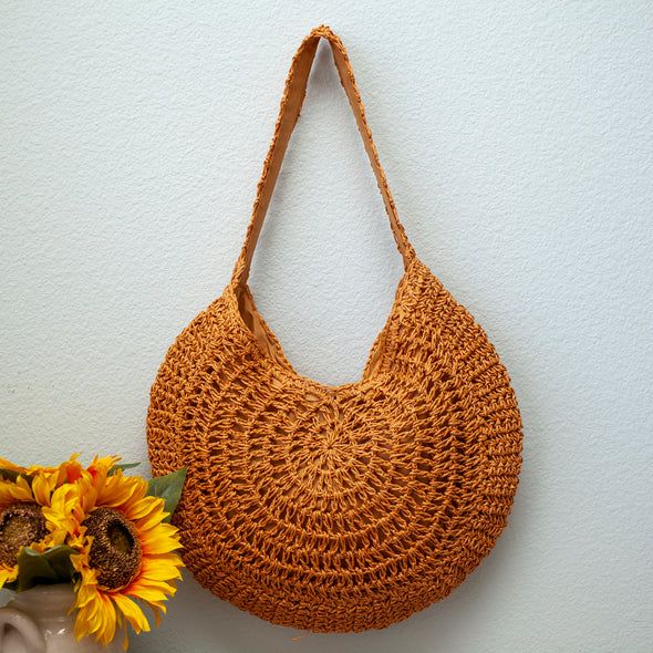 Casual Yellow Crochet Bag For Summer, Casual Orange Bucket Crochet Bag, Trendy Summer Hobo Bag, Casual Orange Crochet Bucket Bag, Trendy Beach Bag With Round Handle For Summer, Trendy Summer Beach Bag With Round Handle, Trendy Beach Bag With Round Handle For Vacation, Yellow Crochet Bag For Everyday Summer Use, Yellow Crochet Bag For Summer