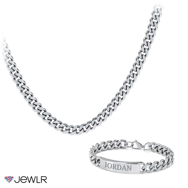 The perfect gift for yourself or a loved one, this men's bundle features our bold Cuban chain necklace and a classic ID bracelet, each with a lobster clasp for a secure fit. The Cuban link chain is 8mm wide and is available in 20-inch or 22-inch lengths to complement your taste. Personalize the 8.5-inch wide curb link ID bracelet with a meaningful name or word. This men's gift set is made of polished stainless steel and can be worn together, individually, or with other pieces for a unique and cu Stainless Steel Cuban Link Bracelet As Gift, Stainless Steel Cuban Link Bracelet, Luxury Stainless Steel Cuban Link Bracelet Gift, Stainless Steel Cuban Link Necklace Gift, Metal Cuban Link Bracelet, Tarnish Resistant, Perfect As Gift, Cuban Chain Necklace, Meaningful Names, Id Bracelets, Cuban Link Chain