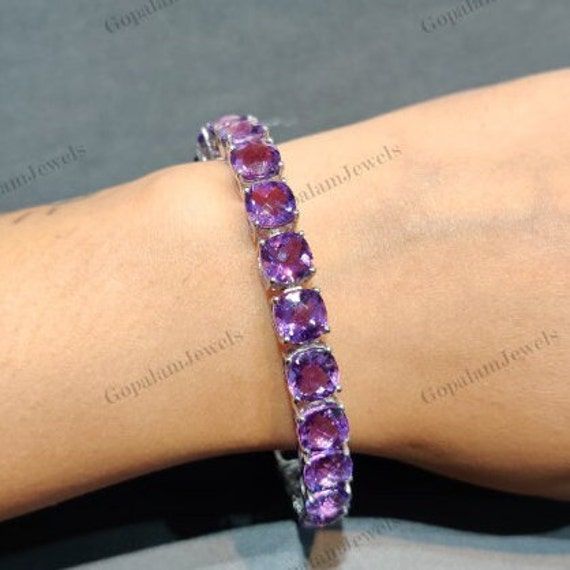 Natural Amethyst Tennis Bracelet, 925 Sterling Silver Tennis Bracelet, 8mm Cushion Cut Gemstone Amethyst Bracelet, Handmade Bracelet Gift for Her, February Birthstone Bracelet, Wedding Bracelet Gift for Her  ★ PRODUCT DETAILS ★ * SKU:- BST-403-AT * Product:- Bracelet * Metal:- Sterling Silver * Metal Purity:- 925 ★ STONE DETAILS ★ * Stone Name:- Amethyst * Stone Shape:- Cushion * Stone Color:- Purple * Stone Cut:- Faceted * Stone Size:- 8mm * Birthstone:- February Step into a world of elegance a Anniversary Amethyst Gemstone Tennis Bracelet, Amethyst Tennis Bracelet As A Gift, Sterling Silver Amethyst Bracelet With Gemstone, Formal Round Amethyst Bracelets, Formal Amethyst Round Bracelets, Formal Amethyst Bracelets, Sterling Silver Amethyst Bracelet For Formal Occasions, Formal Sterling Silver Amethyst Bracelet, Formal Amethyst Gemstone Tennis Bracelet