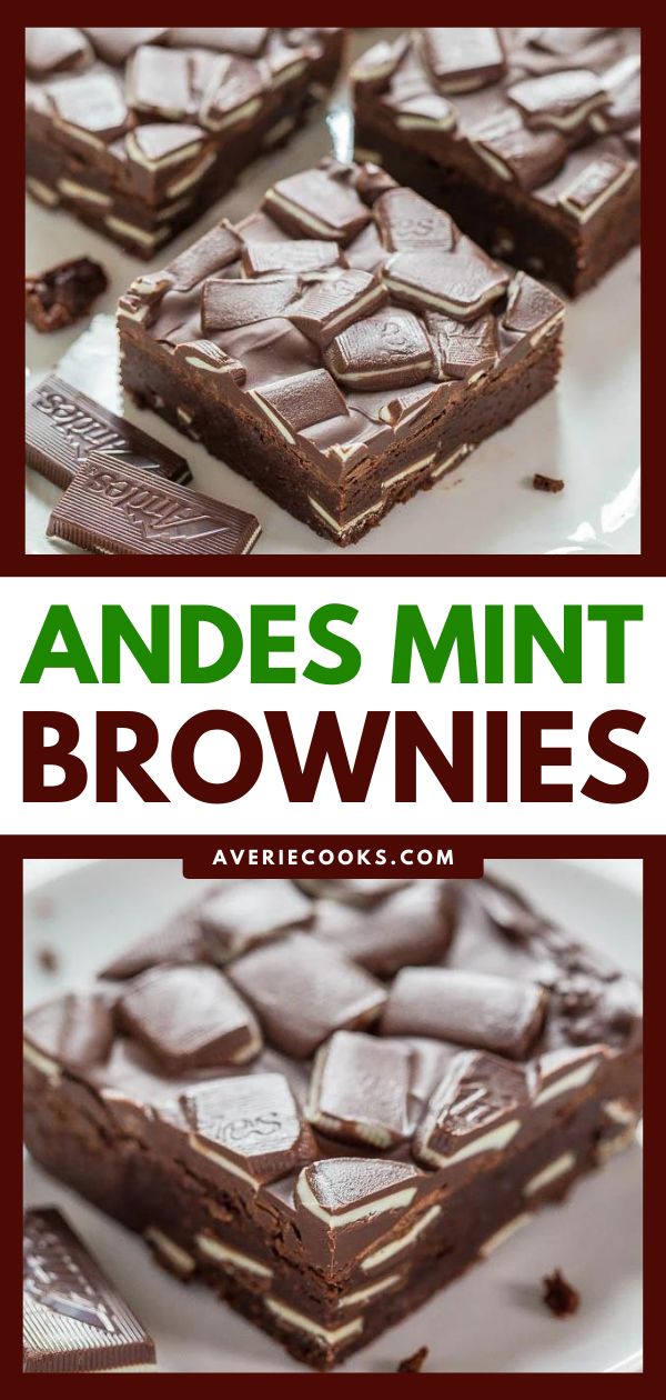 chocolate brownies are stacked on top of each other with text overlay that reads, andes mint brownies