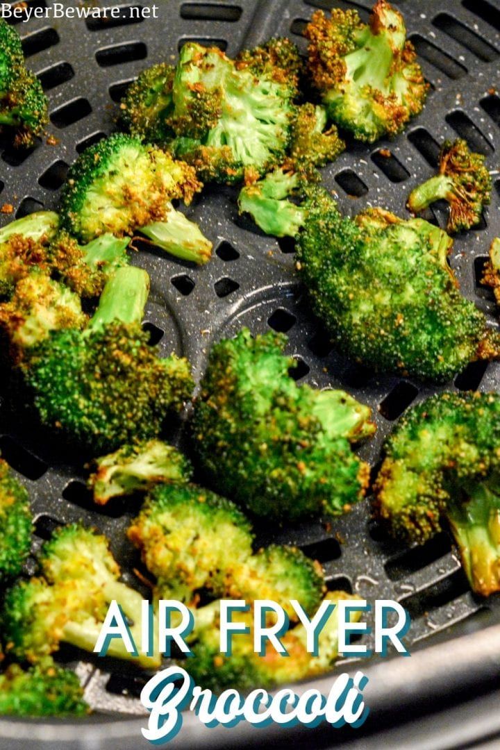 broccoli florets sitting in an air fryer with the words air fryer broccoli on it