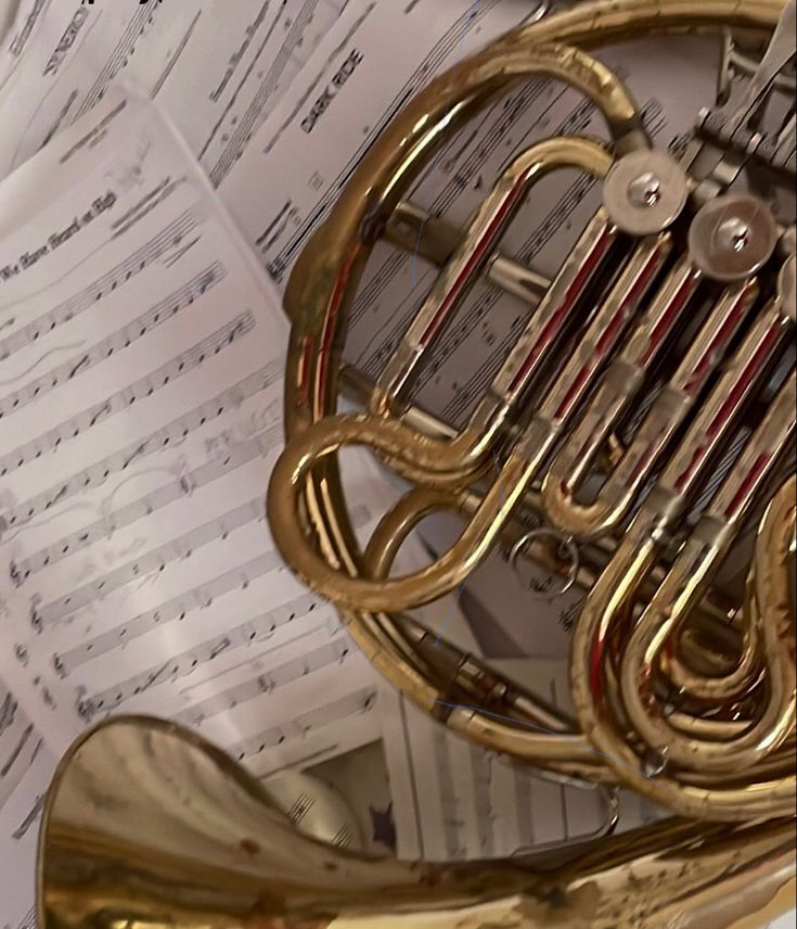 an old brass french horn sitting on top of sheet music