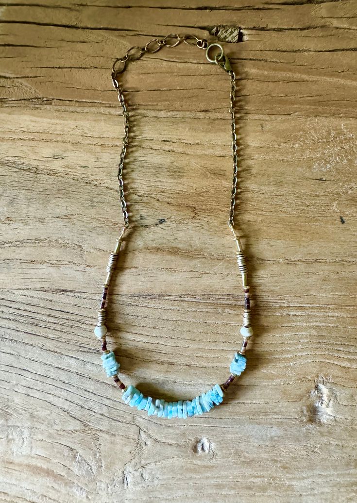 Gorgeous handbeaded larimar and heishi bohemian stunner! -17” adjustable length Short Necklace, Hand Beading, Vintage Designs