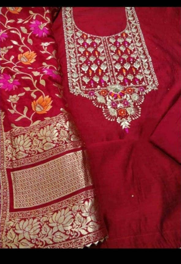 Item Overview ATHARVA Hand Embroidered Salwar Kameez Reds/Embroidered Chanderi Shirt/Exclusive Banarasi silk Dupatta/Custom Stitch Unstitch/Gift/Customised Anarkali Dno. CH1669 Fabric: * Shirt: Chander Silk - Embroidered Neck/ 2.5 Mts Beautiful Hand Embroidery * Dupatta: Banarasi silk Dupatta 2.5Mts/ Latkans Tassels (Motifs may wary)/Exclusive . * Bottom Santoon Taffeta Silk 2.5 Mts. Excusive Hand Embroidered Party Wear Punjabi Suit. Customization: * Fabrics Customization: Designs Can be made in Red Unstitched Suit With Zari Work For Designer Wear, Bollywood Style Red Unstitched Suit For Transitional Season, Transitional Bollywood Red Unstitched Suit, Katan Silk Kurta With Dabka Work For Festivals, Designer Red Unstitched Suit In Raw Silk, Red Chanderi Unstitched Suit With Resham Embroidery, Red Slub Silk Unstitched Suit For Navratri, Semi-stitched Red Jamawar Sharara, Red Slub Silk Unstitched Suit For Festivals