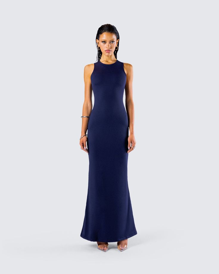 Turn heads and make waves in this navy gown 🌊 This jersey fabric dress, with its bold, deep shade, playful lace-up details, and butterfly print on the back, is the perfect look for any occasion that calls for a subtle and elegant moment 💙 Jersey Fabric Dress, Navy Gown, Elegant Moments, Black Off Shoulder, Make Waves, Graphic Top, White Jersey, Pocket Pants, Printed Maxi