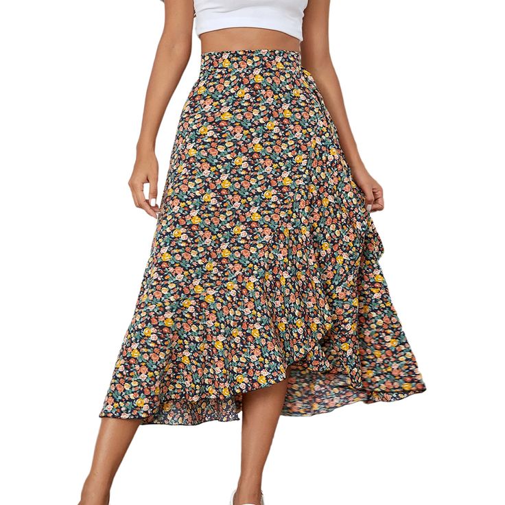 Multicolor Floral Print Ruffle Hem Beach Skirt Spring Beach Maxi Skirt With Ruffles, Multicolor Maxi Skirt For Summer Vacation, Summer Beach Pleated Maxi Skirt, Beach Maxi Skirt With Ruffles, Summer Flowy Maxi Skirt With Ruffles, Summer Ruffled Maxi Skirt, Summer Flowy Ruffled Maxi Skirt, Summer Pleated Maxi Skirt For Beach, Flowy Ruffled Maxi Summer Skirt